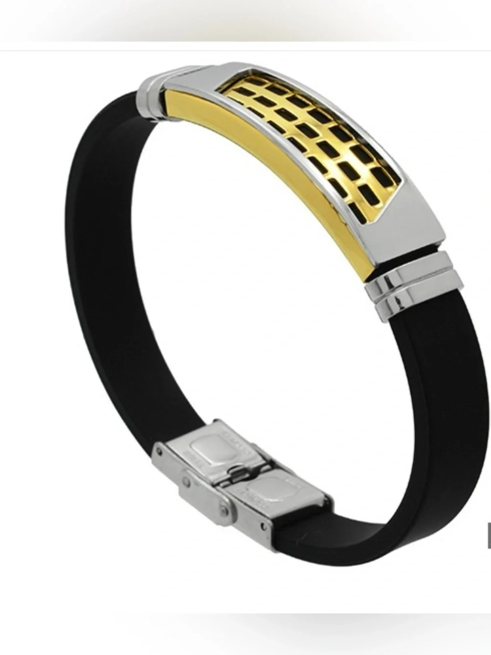 Men's Black Silicone Stainless Steel Bracelet with Gold & Silver Accent Plate